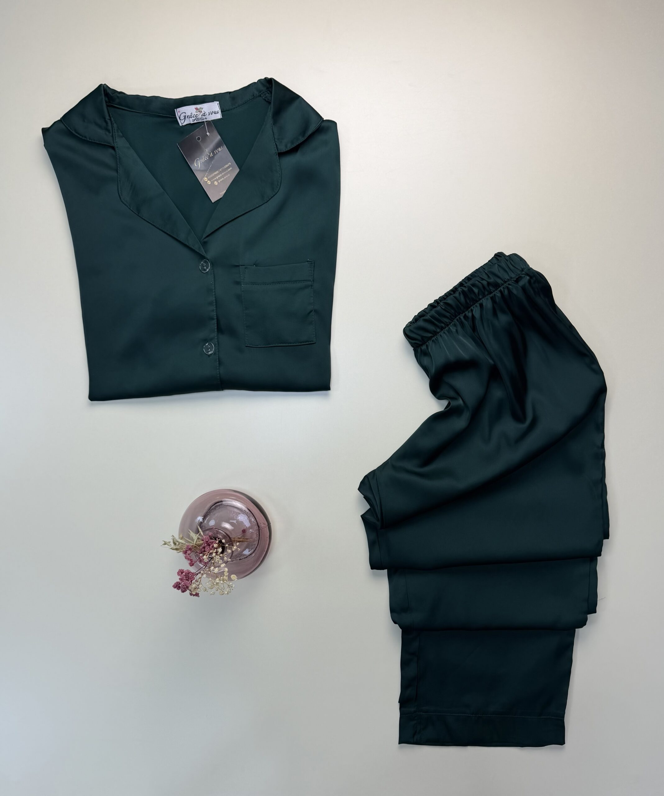 Pyjama boutonné en satin - vert - – Image 2