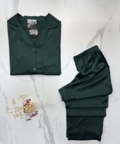 Alternative view of Pyjama boutonné en satin - vert -