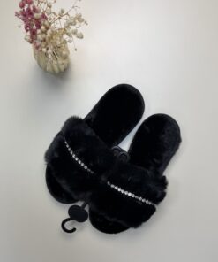 Pantoufle en fourrure strass " noir "