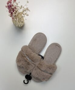 Pantoufle en fourrure strass " taupe "