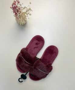 Pantoufle en fourrure strass " bordeaux "