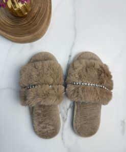 Alternative view of Pantoufle en fourrure strass " taupe "