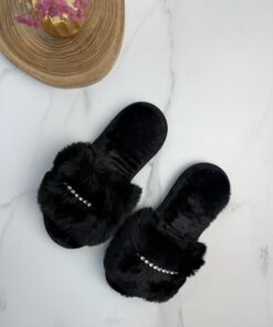 Pantoufle en fourrure strass " noir "