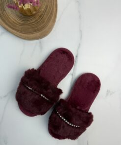 Pantoufle en fourrure strass " bordeaux "