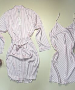 Alternative view of Ensemble nuisette peignoir " rose clair à rayures "