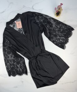 Alternative view of Ensemble nuisette peignoir en satin " NOIR  "