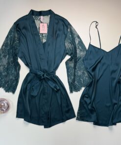 Alternative view of Ensemble nuisette peignoir en satin " VERT  "