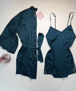 Ensemble nuisette peignoir en satin " VERT "