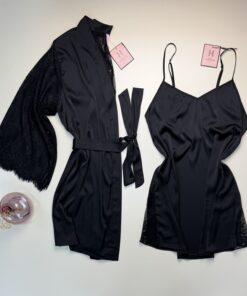 Ensemble nuisette peignoir en satin " NOIR "