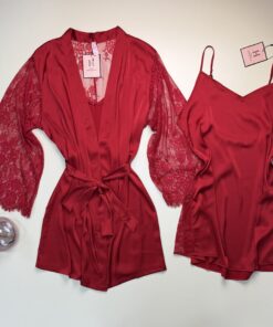 Alternative view of Ensemble nuisette peignoir en satin " rouge  "