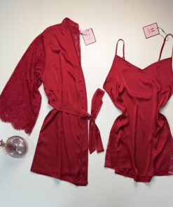 Ensemble nuisette peignoir en satin " rouge  "