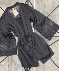 Alternative view of Ensemble nuisette peignoir en satin " noir "