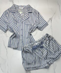 Pyjama short boutonnée - Primark - en satin " bleu à rayures "