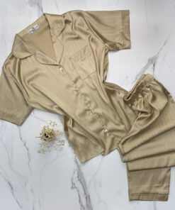 Pyjama Boutonnée  demi-manche en satin " Champagne " à rayures