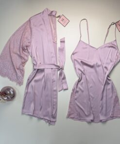 Ensemble nuisette peignoir en satin " rose "