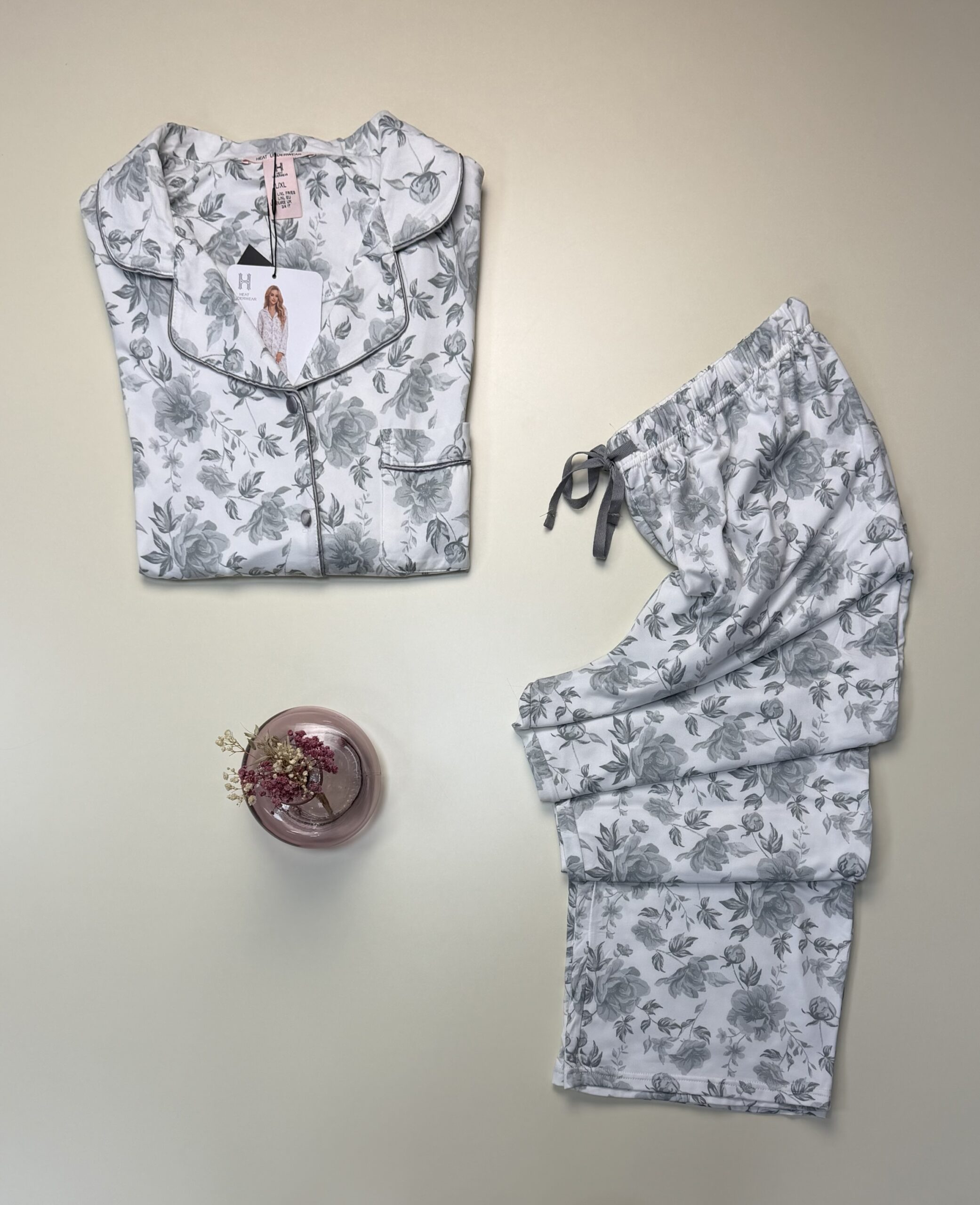 Pyjama boutonné H " gris à fleurs " – Image 2
