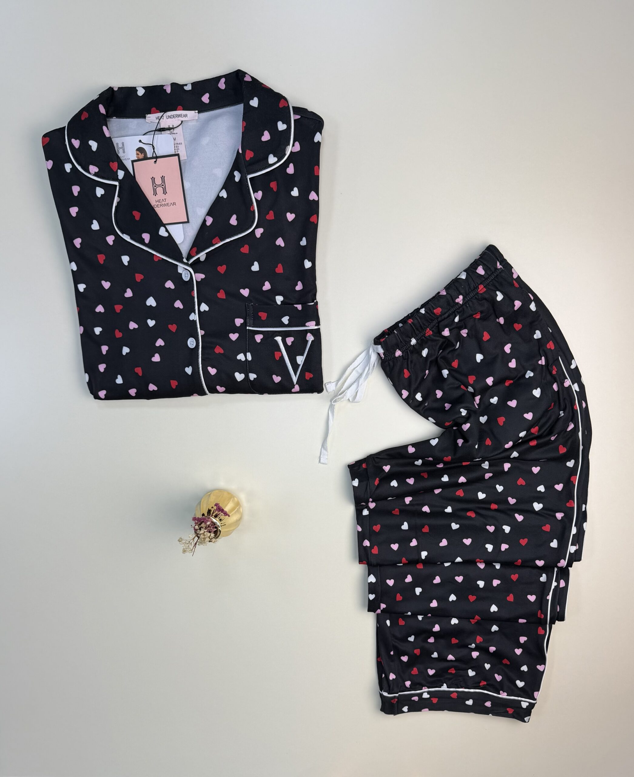 Pyjama boutonné haut manche longue H " Noir petit cœur " – Image 2