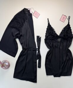 Ensemble nuisette peignoir en satin " Noir "