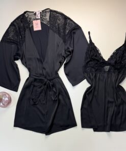 Alternative view of Ensemble nuisette peignoir en satin " Noir  "