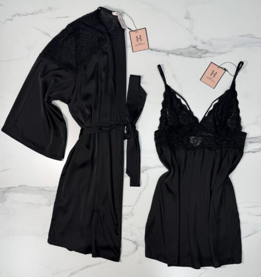 Ensemble nuisette peignoir en satin " Noir  "