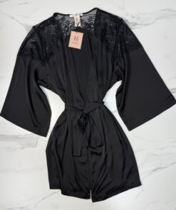 Alternative view of Ensemble nuisette peignoir en satin " Noir  "