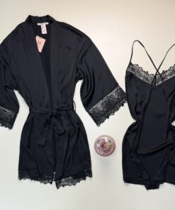 Alternative view of Ensemble nuisette peignoir en satin " Noir "