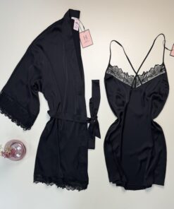 Ensemble nuisette peignoir en satin " Noir "