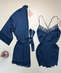 Ensemble nuisette peignoir en satin " bleu / vert "