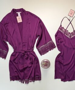 Alternative view of Ensemble nuisette peignoir en satin " Aubergine "