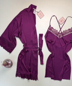 Ensemble nuisette peignoir en satin " Aubergine "