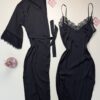 Ensemble nuisette peignoir long en satin " Noir "