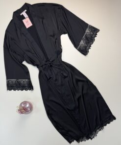 Alternative view of Ensemble nuisette peignoir long en satin " Noir "