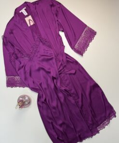 Alternative view of Ensemble nuisette peignoir long en satin " Aubergine"
