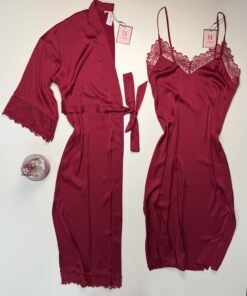 Ensemble nuisette peignoir long en satin " Bordeaux "