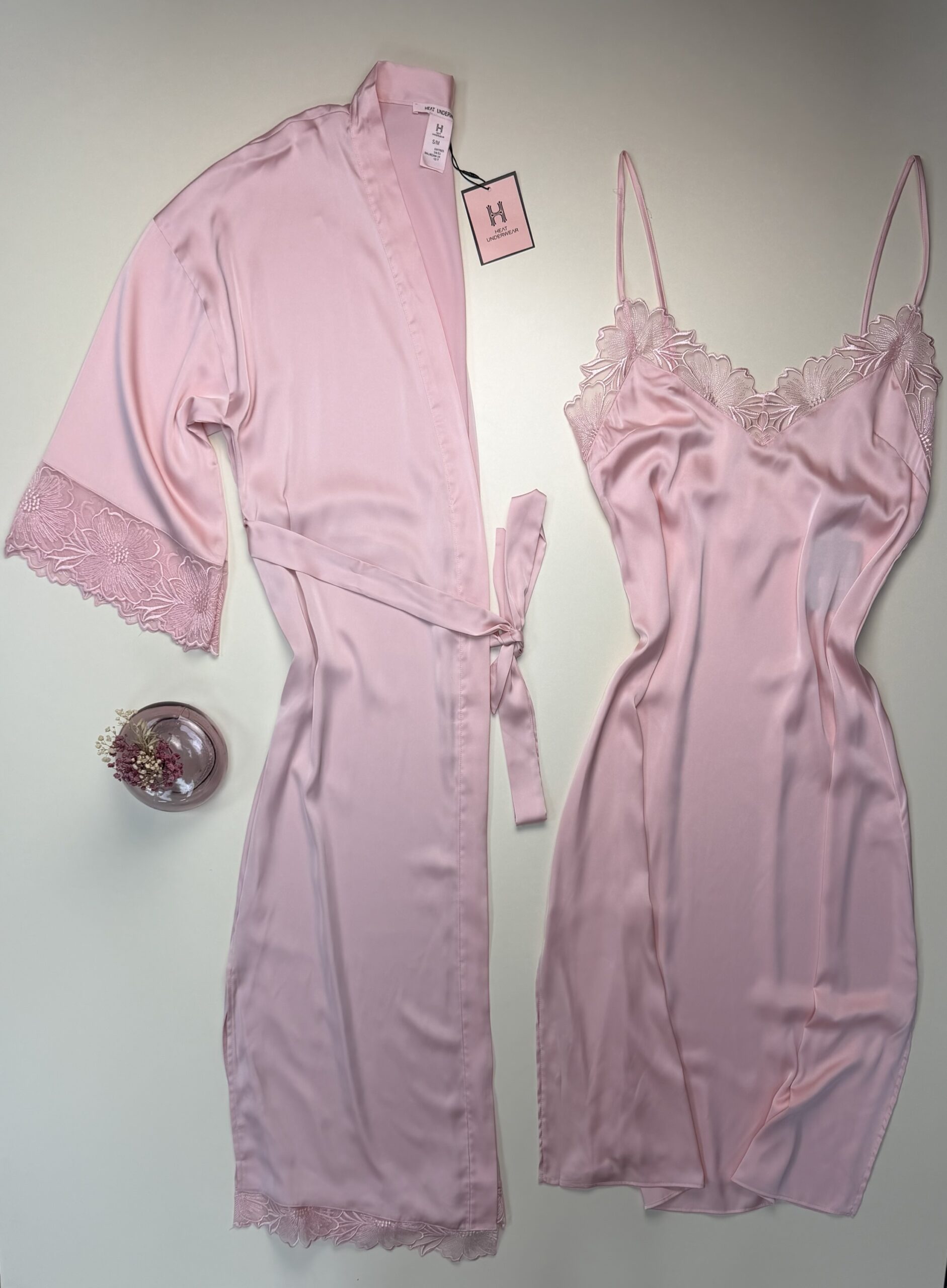 Ensemble nuisette peignoir long en satin " Rose "