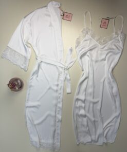 Ensemble nuisette peignoir long en satin " Blanc "