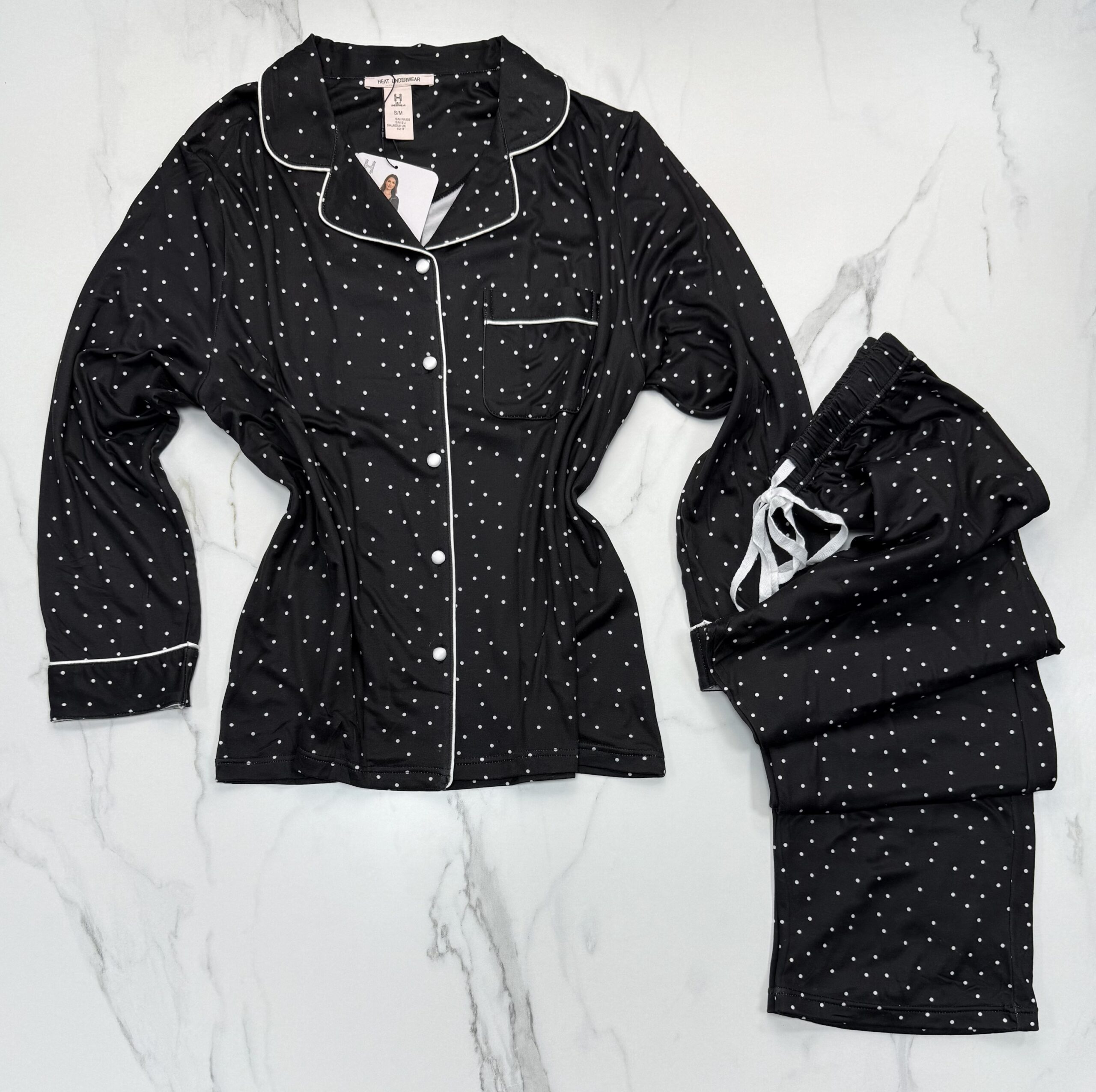 Pyjama boutonné haut manche longue H " Noir petit point " – Image 2