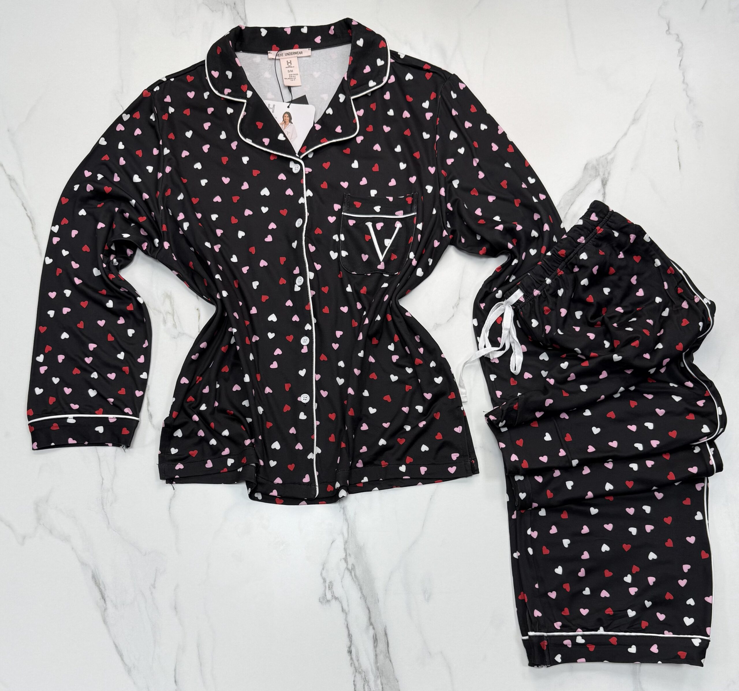 Pyjama boutonné haut manche longue H " Noir petit cœur " – Image 3