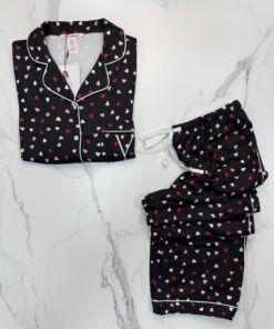 Alternative view of Pyjama boutonné haut manche longue H " Noir petit cœur "