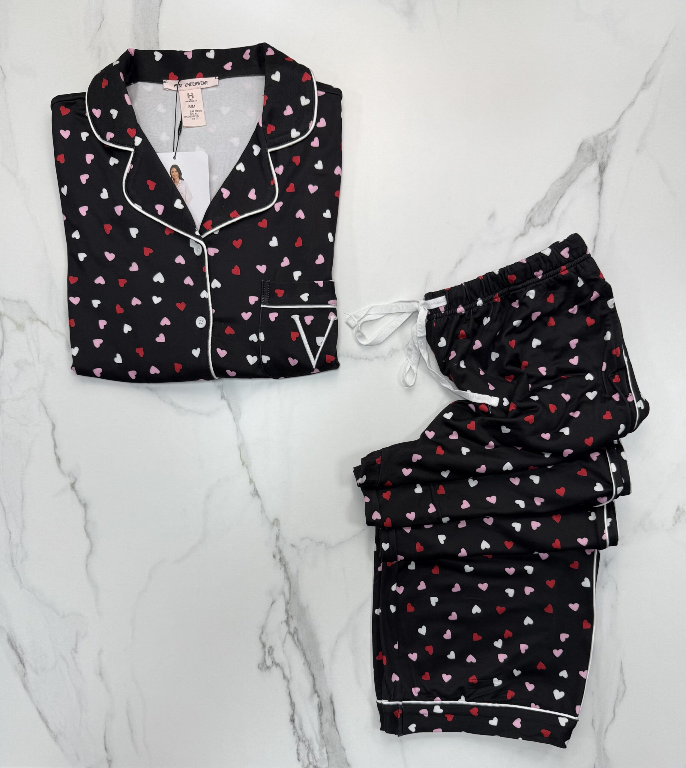 Pyjama boutonné haut manche longue H " Noir petit cœur " – Image 2