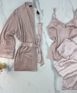 Pyjama 3 pcs en satin et kimono velours " Rose "