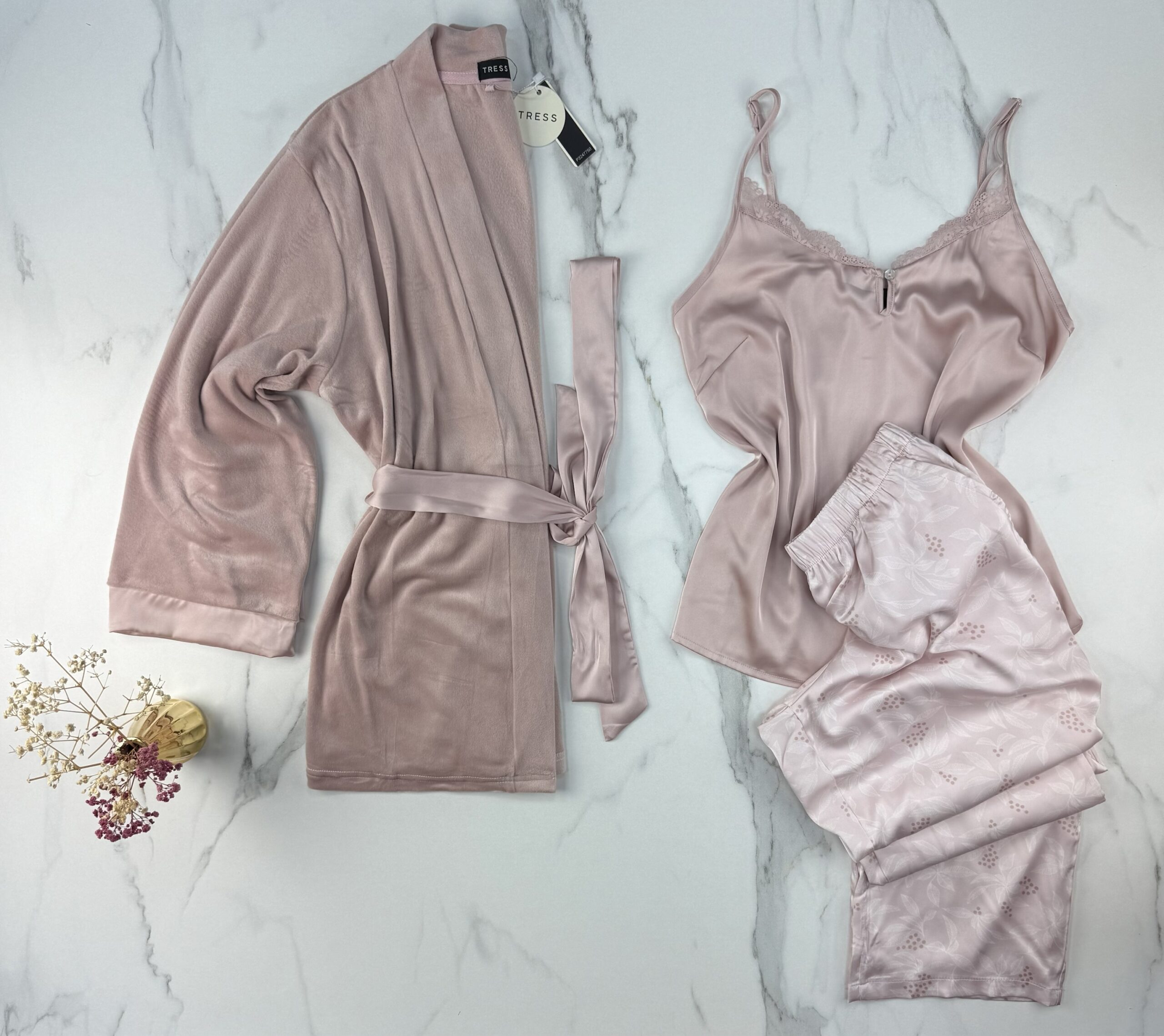 Pyjama 3 pcs en satin et kimono velours " Rose "