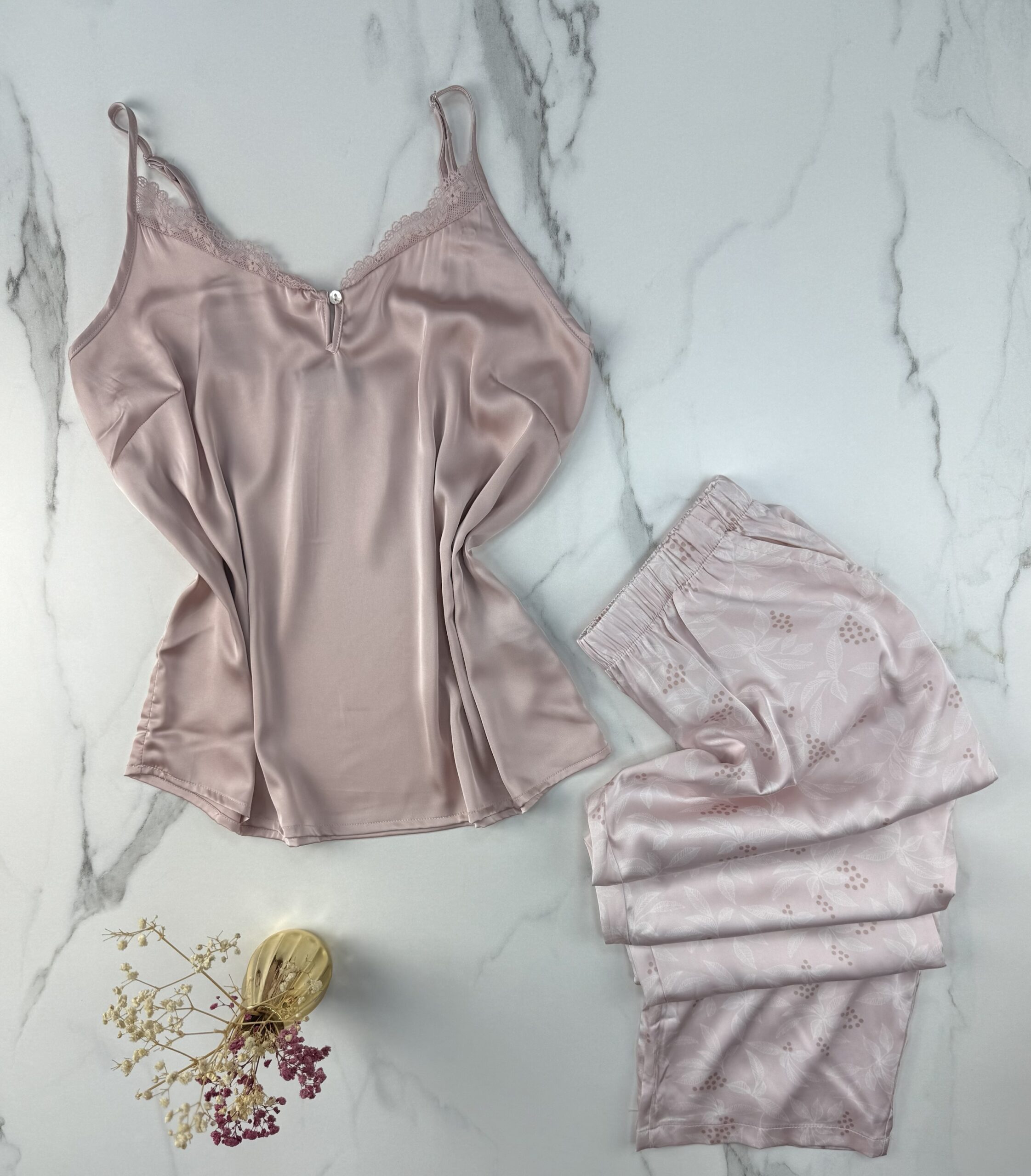 Pyjama 3 pcs en satin et kimono velours " Rose " – Image 2