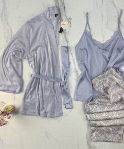 Pyjama 3 pcs en satin et kimono velours " Mauve "