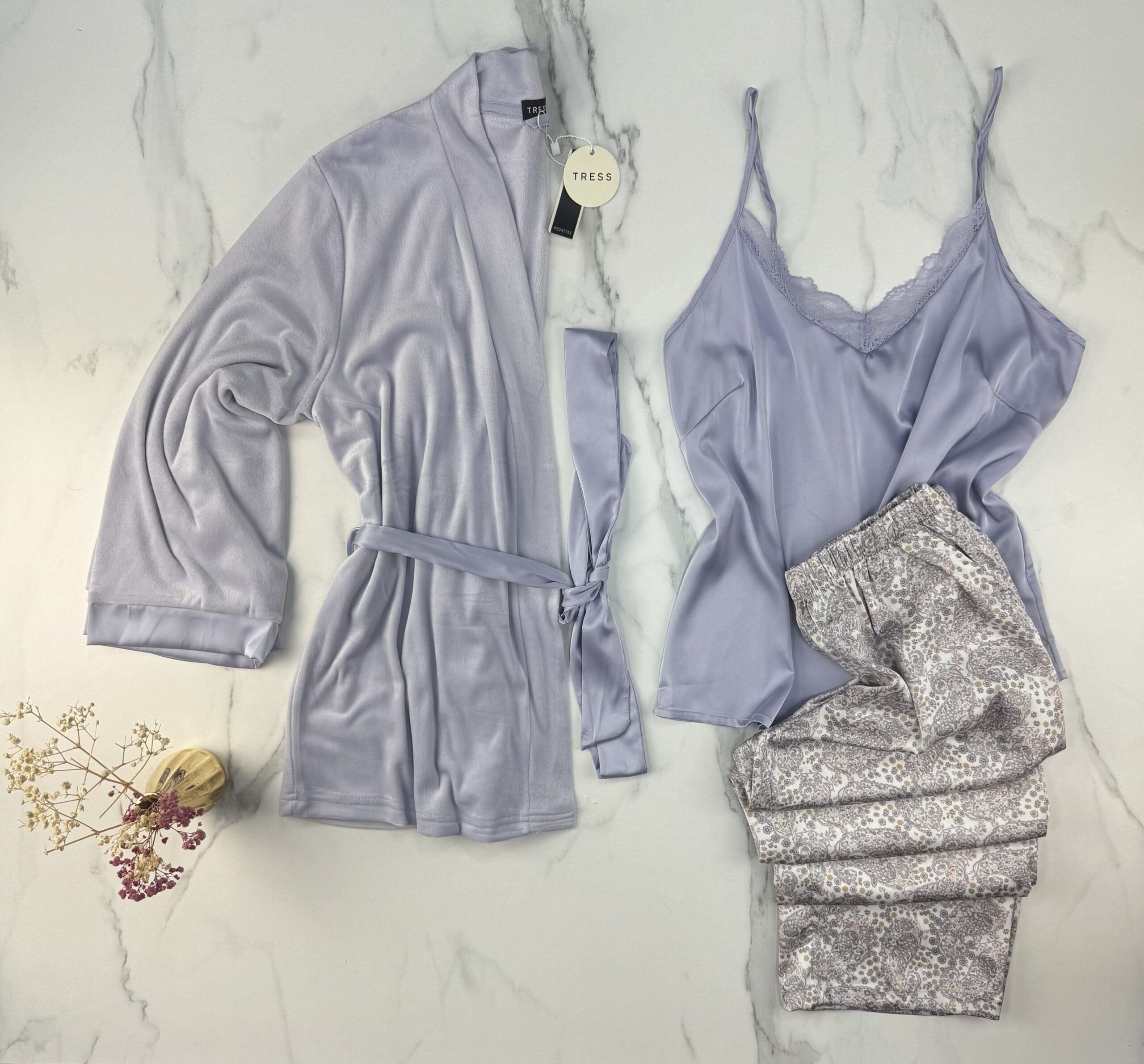 Pyjama 3 pcs en satin et kimono velours " Mauve "