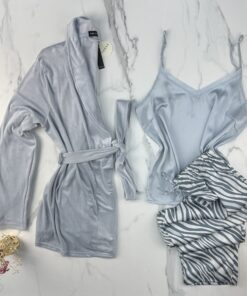 Pyjama 3 pcs en satin et kimono velours " Bleu "