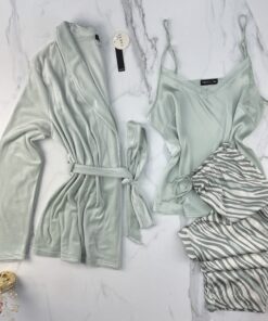 Pyjama 3 pcs en satin et kimono velours " VERT "