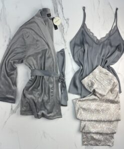 Pyjama 3 pcs en satin et kimono velours " Gris "
