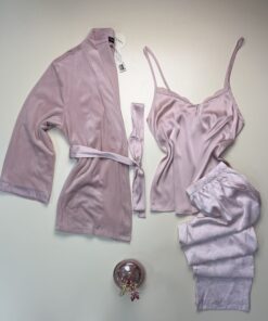 Pyjama 3 pcs en satin et kimono velours " Rose "