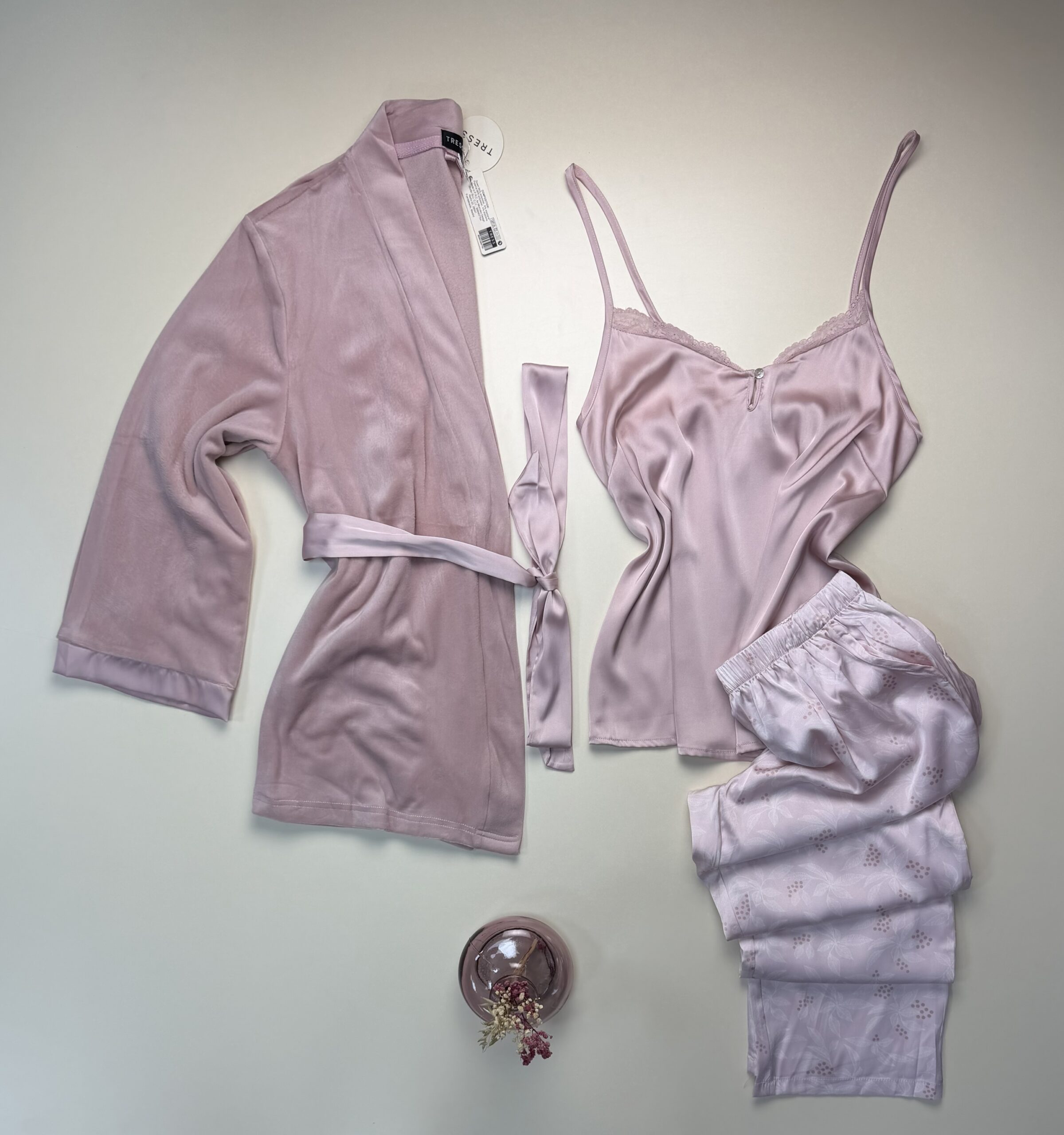 Pyjama 3 pcs en satin et kimono velours " Rose "